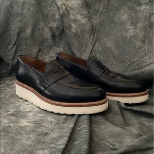 Grenson Alison Loafers in Black with White Platform Sole
